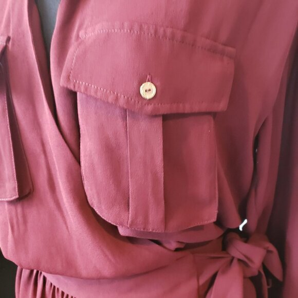 NEW Ramy Brook Summer Long Sleeve Pocket Mini Wrap Dress Cabernet Red Maroon XS - Picture 8 of 13